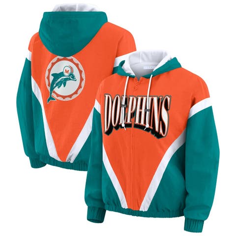 Women's WEAR by Erin Andrews Orange/Aqua Miami Dolphins Retro Crinkle Full-Zip Hoodie Windbreaker