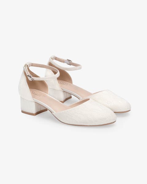 Yvonne Lace Round Toe Low Block Heel Wedding Shoes with Ankle Strap