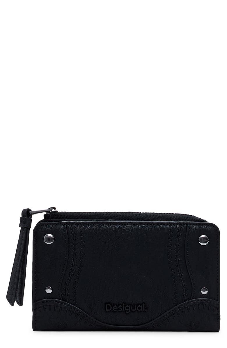 Desigual Medium Embroidered Faux Leather Bifold Wallet, Main, color, Black