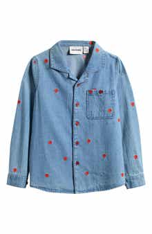 Mini Rodini Kids' Embroidered Hearts Organic Cotton Denim Button-Up Shirt