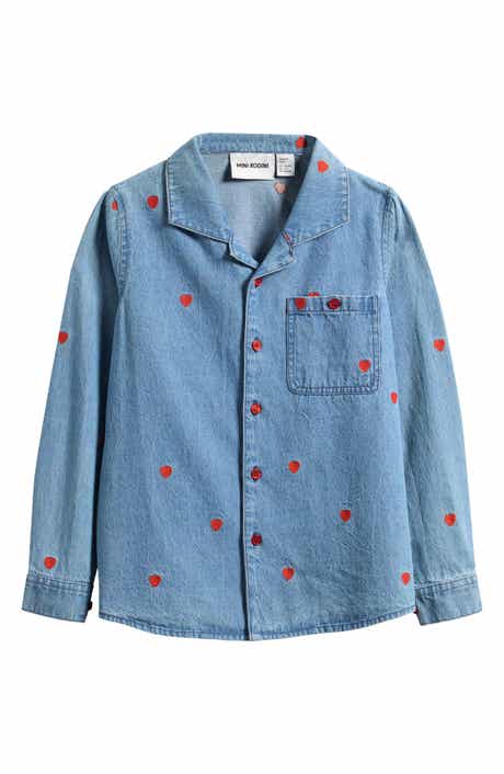 Mini Rodini Kids' Embroidered Hearts Organic Cotton Denim Button-Up Shirt