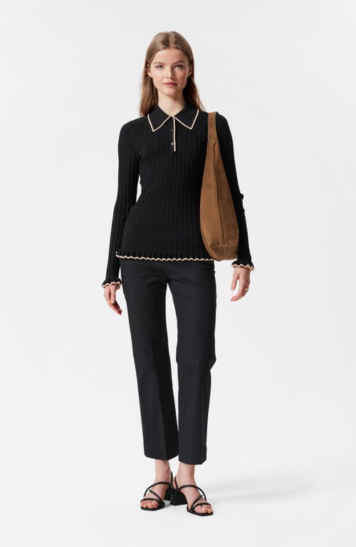 & Other Stories Tipped Ribbed Ruffle Trim Polo Sweater In Black