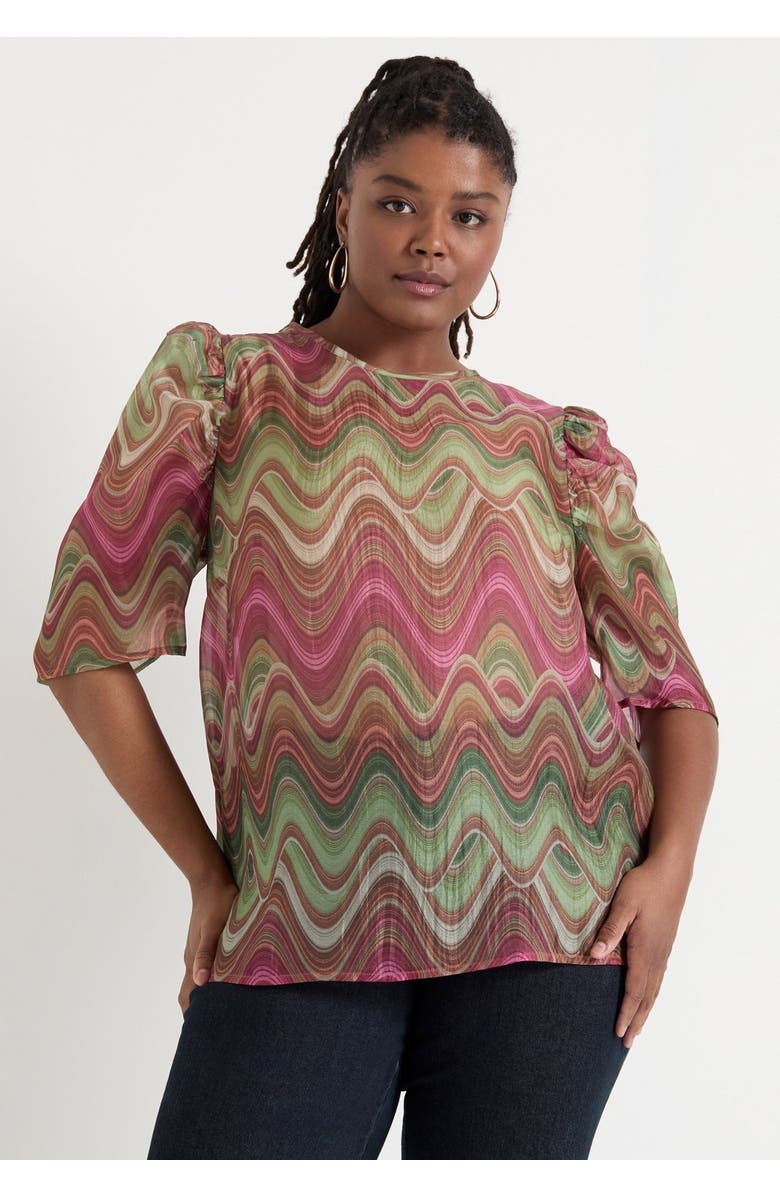 June + Vie Mutton-Sleeve Organza Blouse, Alternate, color, Heat Waves