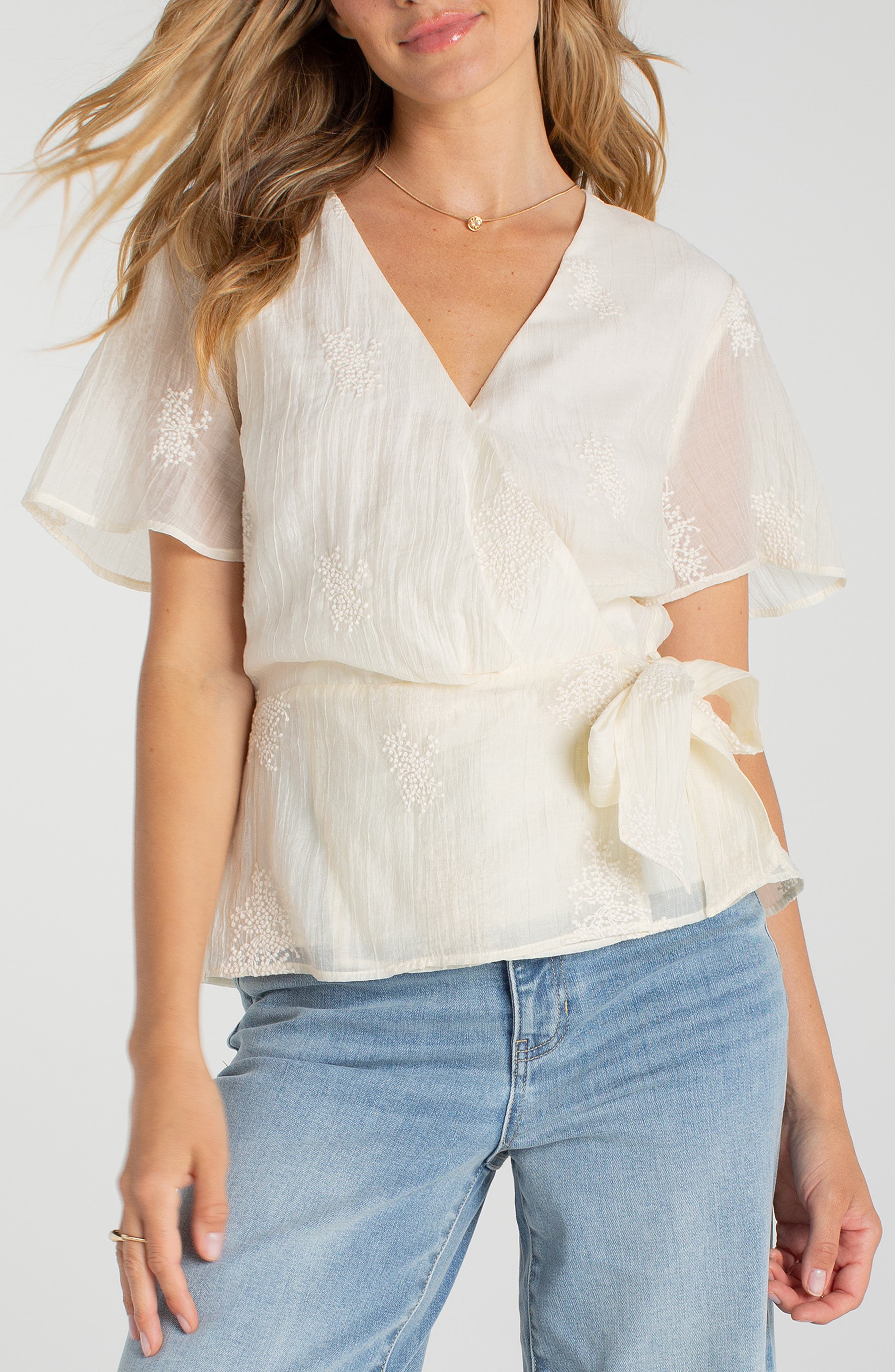 Embroidered Wrap Top