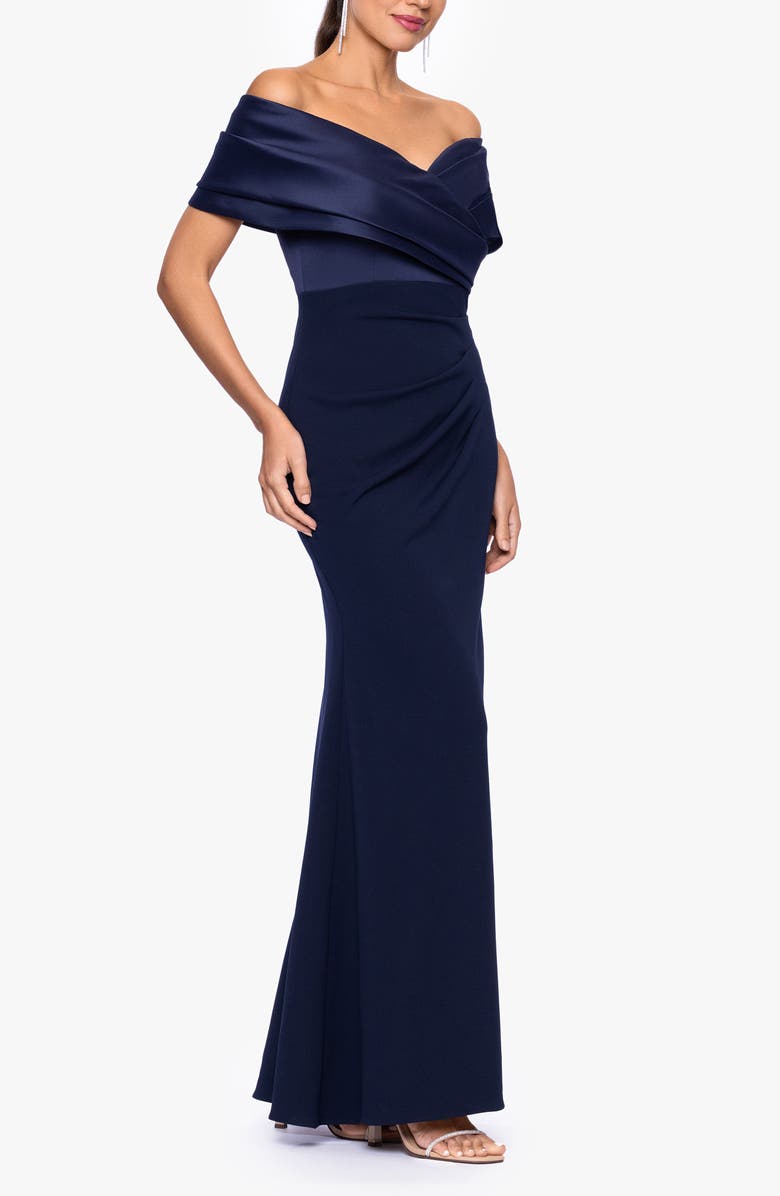 Betsy & Adam Off the Shoulder Scuba Crepe Gown., Alternate, color, Navy/Navy