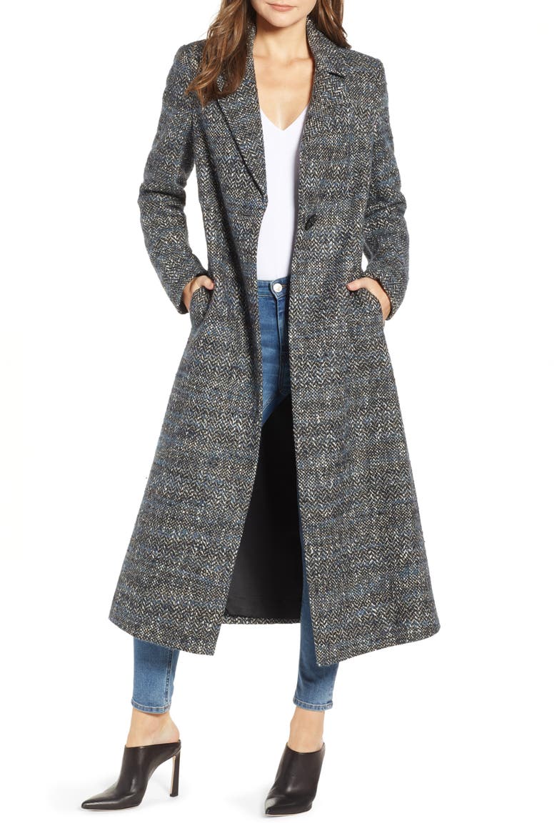 Tweed Reefer Maxi Coat, Main, color, BLUE TWEED