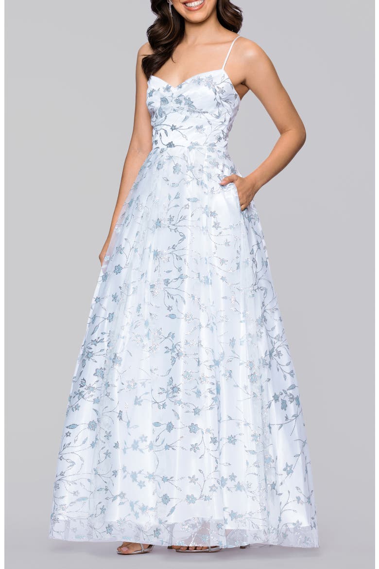 Glitter Floral Sleeveless Gown, Alternate, color, IVORY/ PERIWINKLE