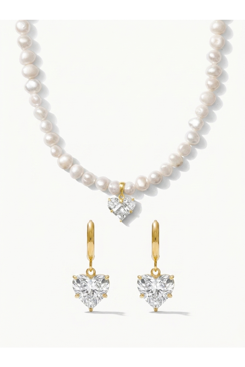 Lola Heart Charm Pearl Necklace & Heart Huggie Earring Gift Set, Main, color, Metallic Gold