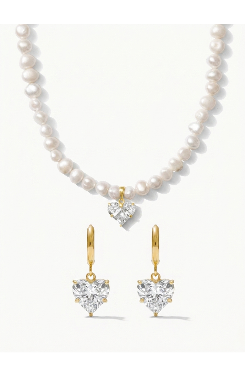Joey Baby Lola Heart Charm Pearl Necklace & Heart Huggie Earring Gift Set, Main, color, Metallic Gold
