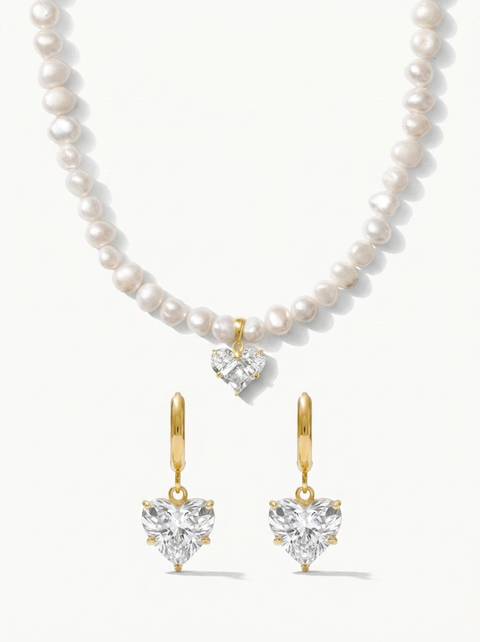 Lola Heart Charm Pearl Necklace & Heart Huggie Earring Gift Set