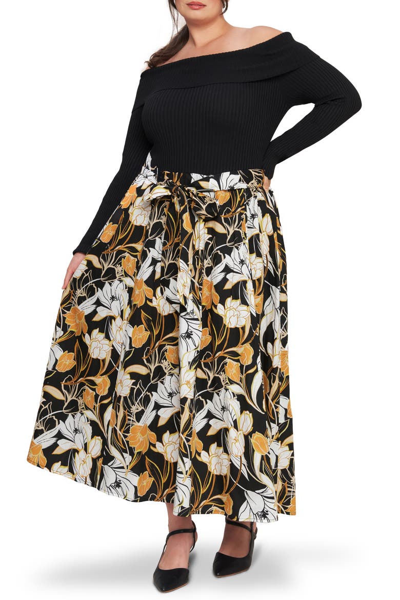 Off the Shoulder Long Sleeve Mixed Media Dress, Main, color, BLACK