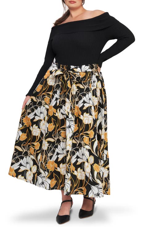 Off the Shoulder Long Sleeve Mixed Media Dress (Plus)