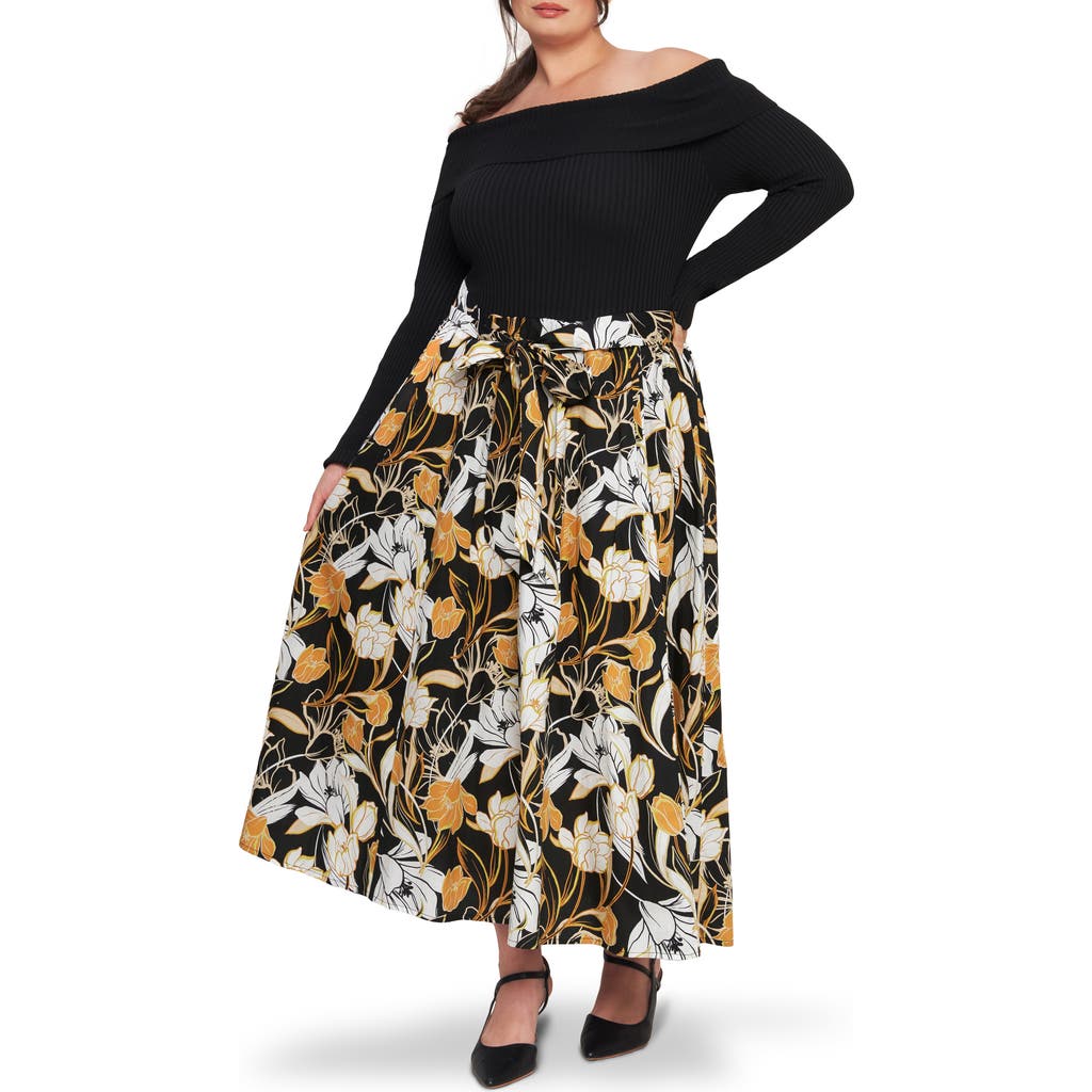 Flying Tomato Off The Shoulder Long Sleeve Mixed Media Dress In Multi