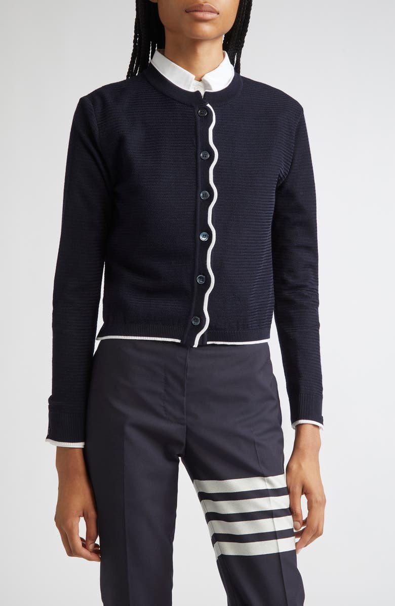 Thom Browne Textured Stitch Virgin Wool Crewneck Cardigan, Main, color, Navy