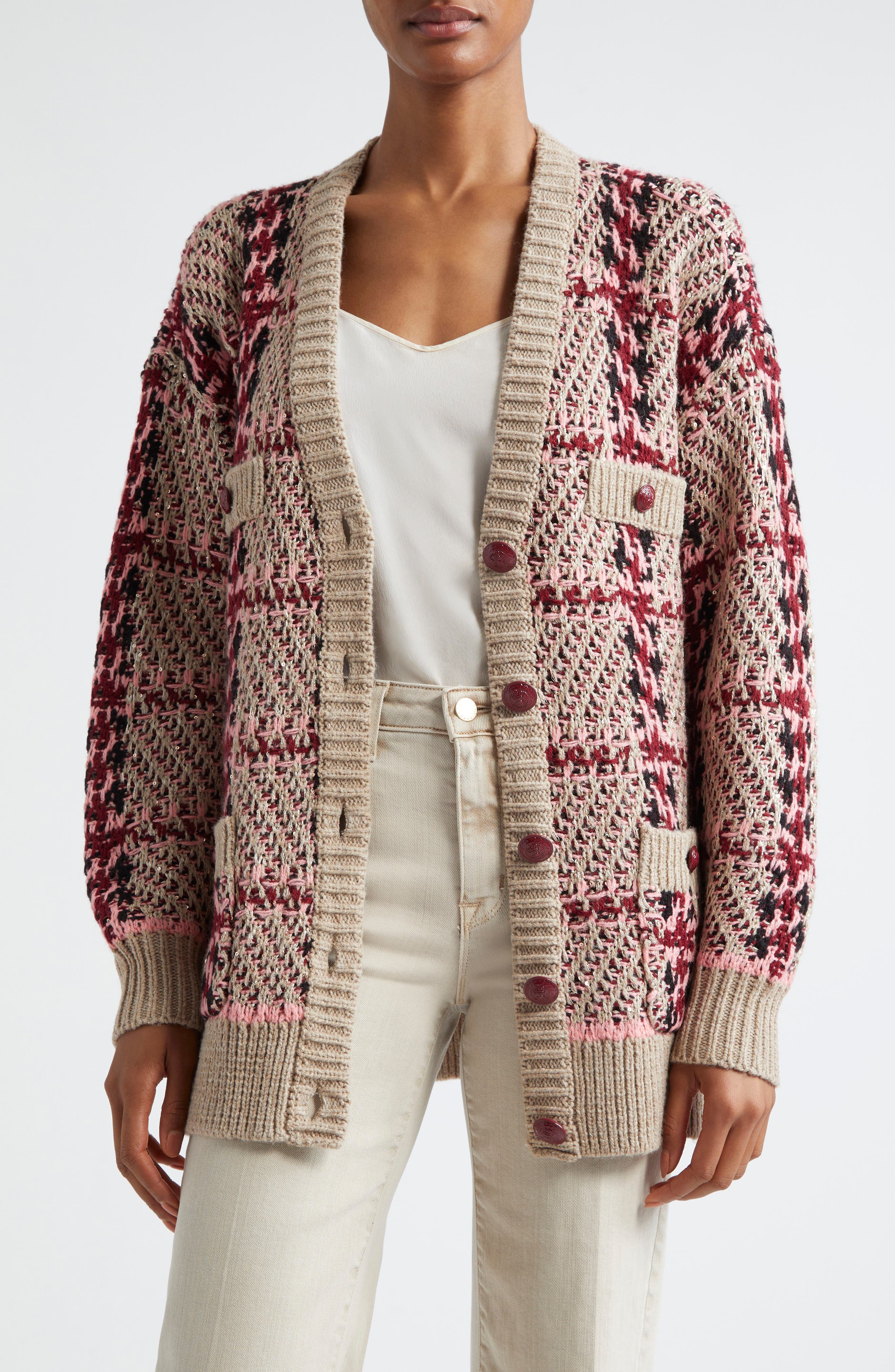 L'AGENCE Maci Sequin Houndstooth Cardigan