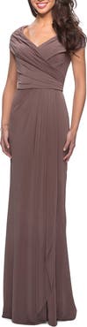 La Femme Ruched Jersey Long Gown with V-Neckline