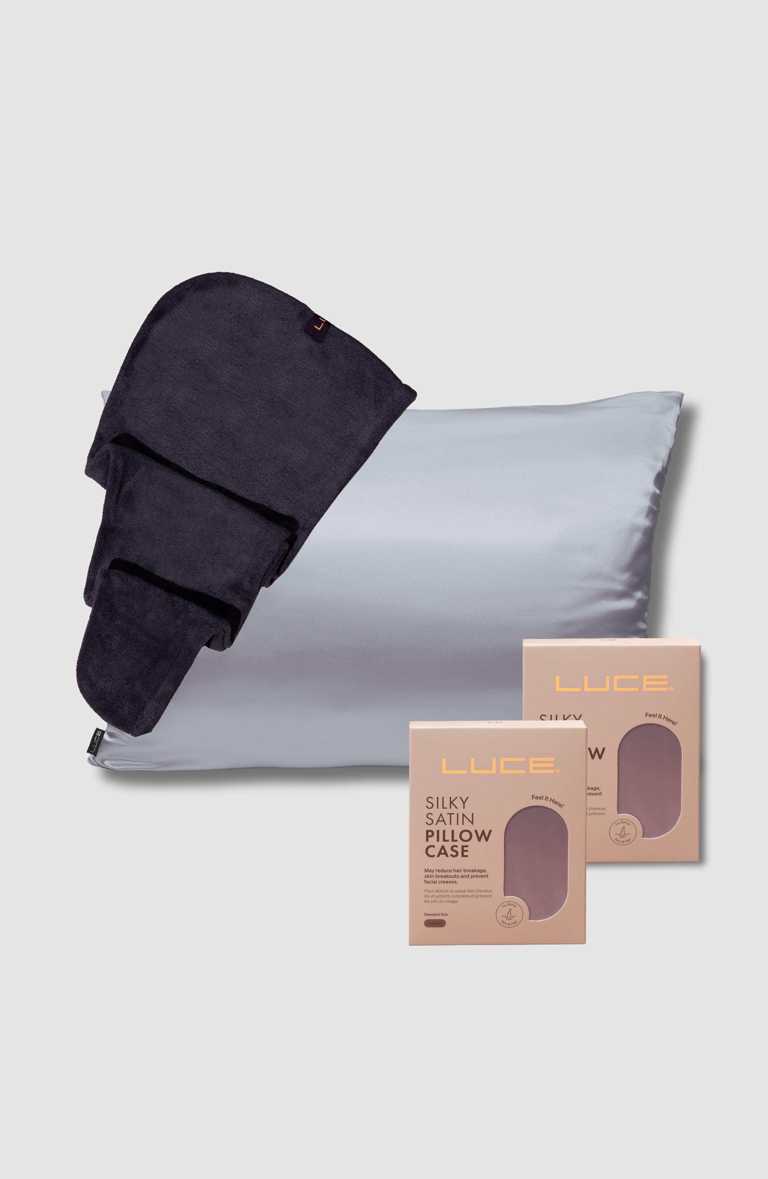 LUCE BEAUTY Silky Satin Pillowcases + Hair Towel Wrap in Grey 