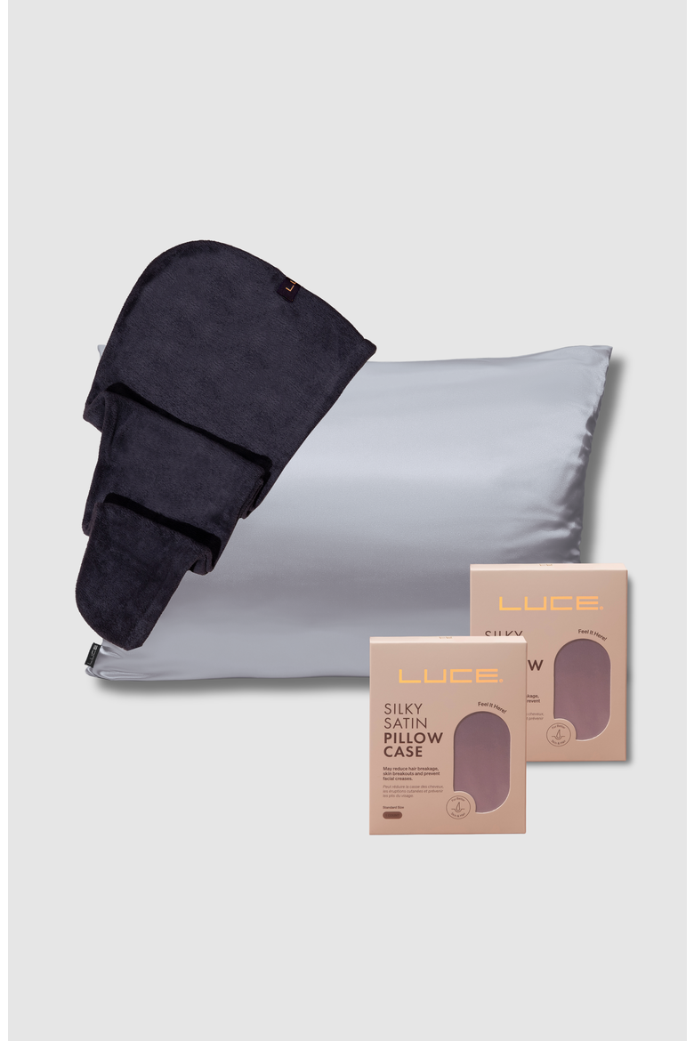 Silky Satin Pillowcases + Hair Towel Wrap, Main, color, GREY