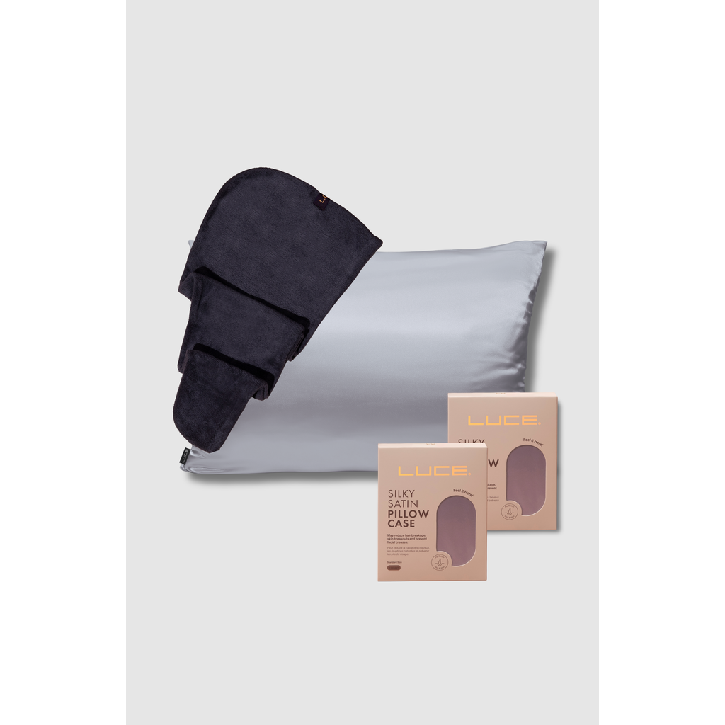 LUCE BEAUTY Silky Satin Pillowcases + Hair Towel Wrap in Grey  product