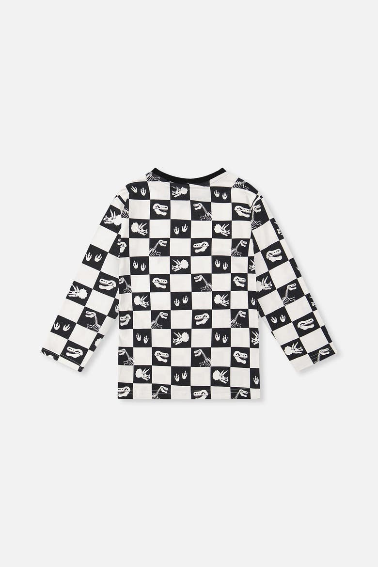Organic Cotton Checkerboard Dino Icon Long Sleeve T-Shirt, Alternate, color, Black and White Checker