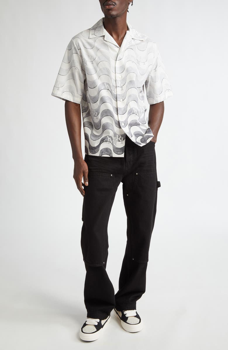 AMIRI Staggered Logo Wave Cotton Camp Shirt, Alternate, color, Grey