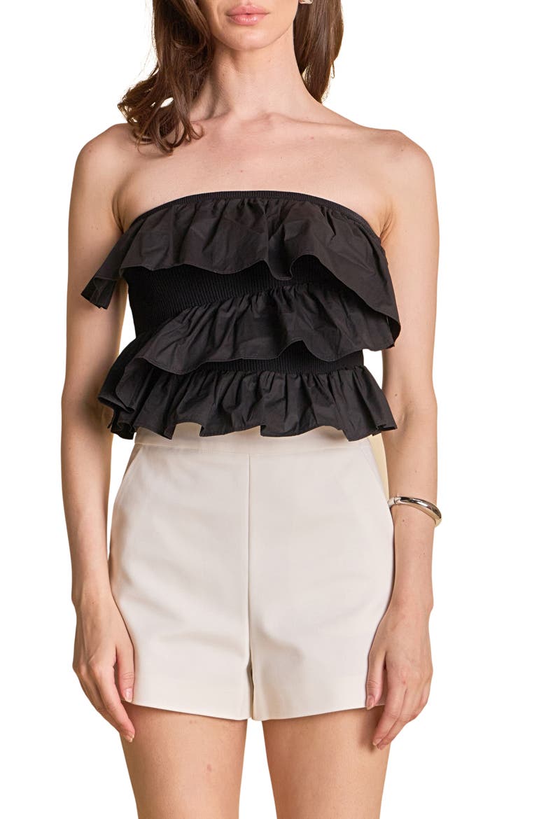 Mixed Media Ruffle Strapless Rib Tube Top, Main, color, BLACK