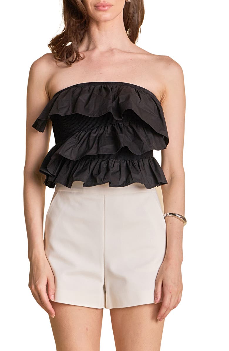 Endless Rose Mixed Media Ruffle Strapless Rib Tube Top, Main, color, Black