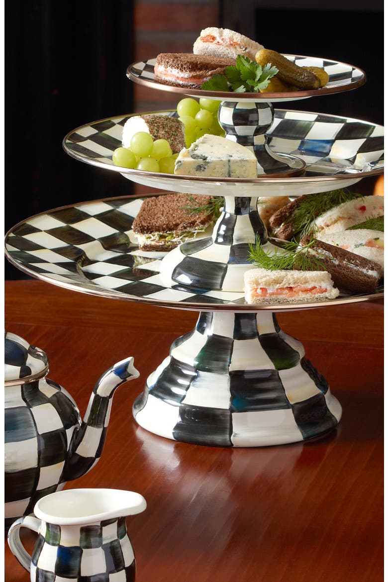 Courtly Check Set of 3 Enameled Steel Pedestal Platters, Alternate, color, BLACK/ WHITE