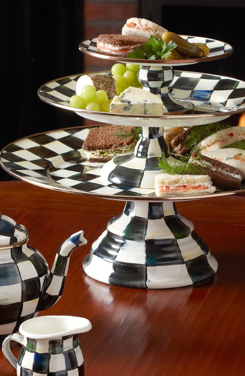 MACKENZIE CHILDS Courtly Check Set of 3 Enameled Steel Pedestal Platters, Alternate, color, Black/ White