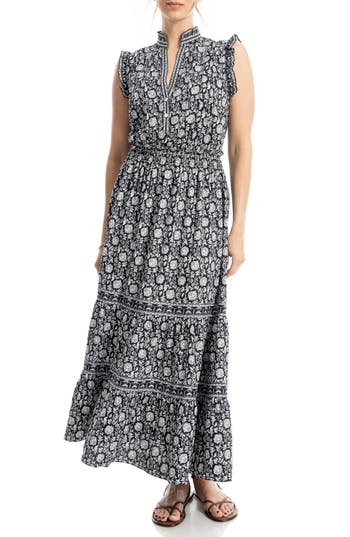 Max Studio Floral Ruffle Sleeveless Tiered Maxi Dress In Blue