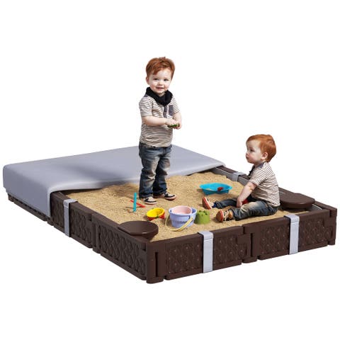Kids Sandbox with Cover, Built-in Seating & Bottom Liner