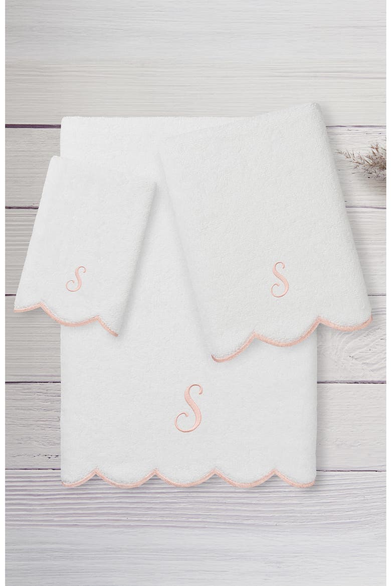 Scalloped 3-Piece Personalized Towel Set, Alternate, color, WHITE/ PINK S