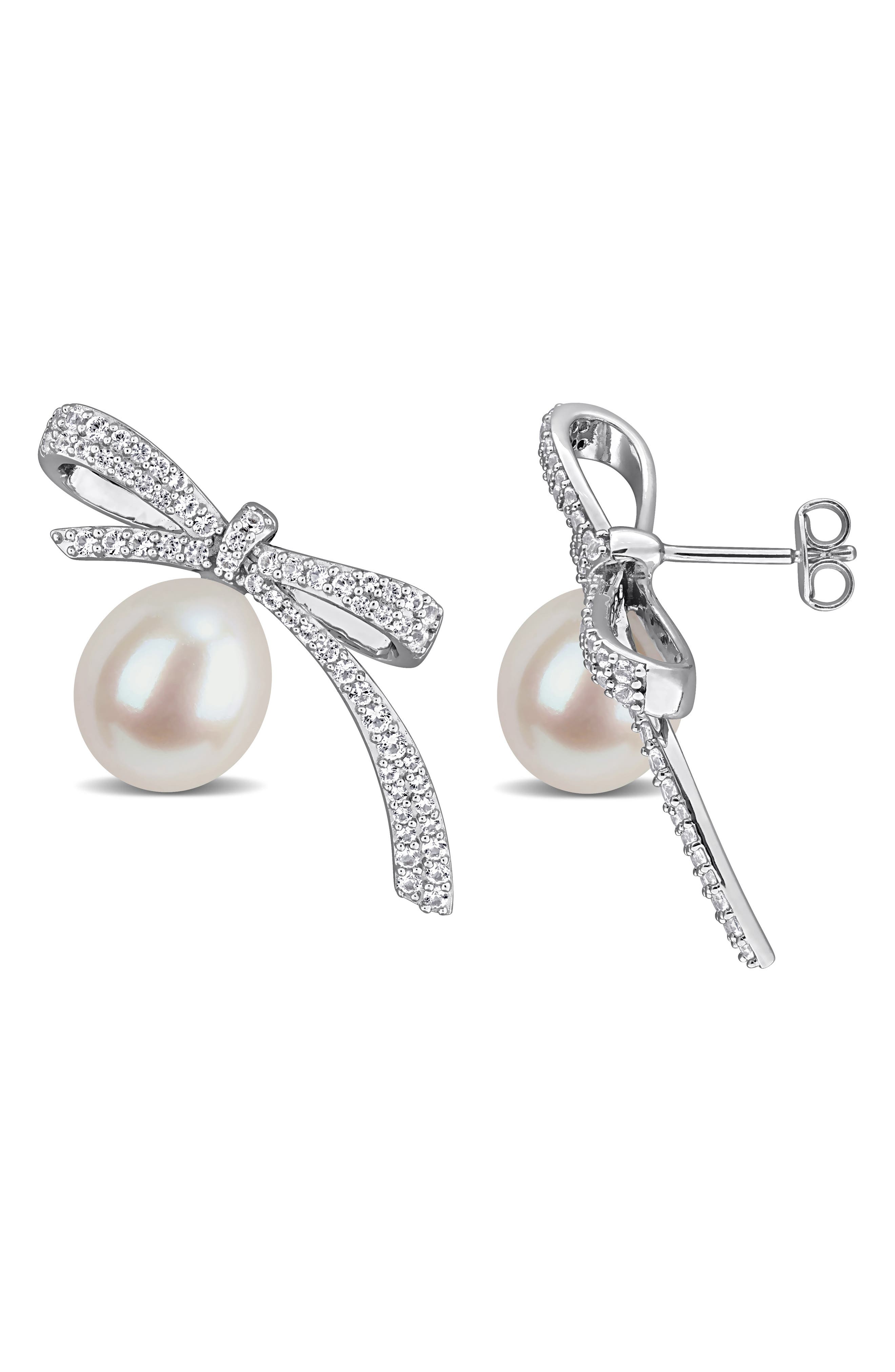 Lab Created White Sapphire & Cultured Freshwater Pearl Bow Earrings