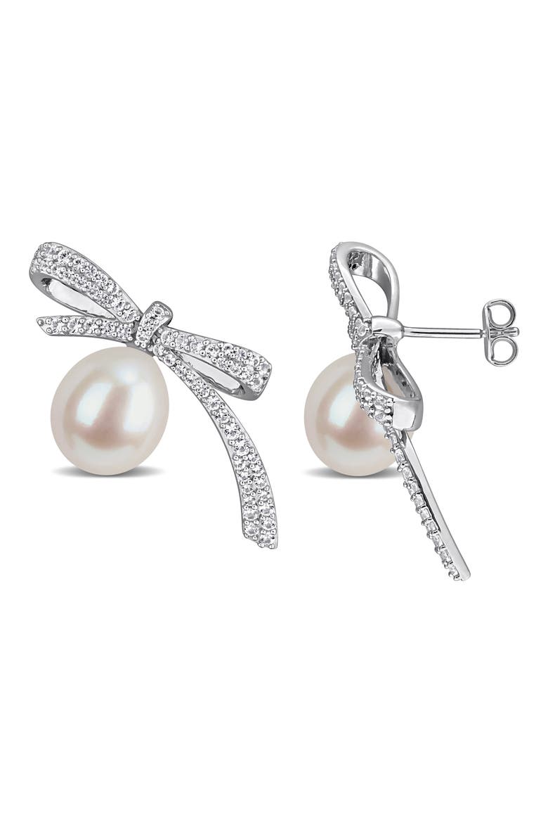 Lab Created White Sapphire & Cultured Freshwater Pearl Bow Earrings, Main, color, WHITE GOLD