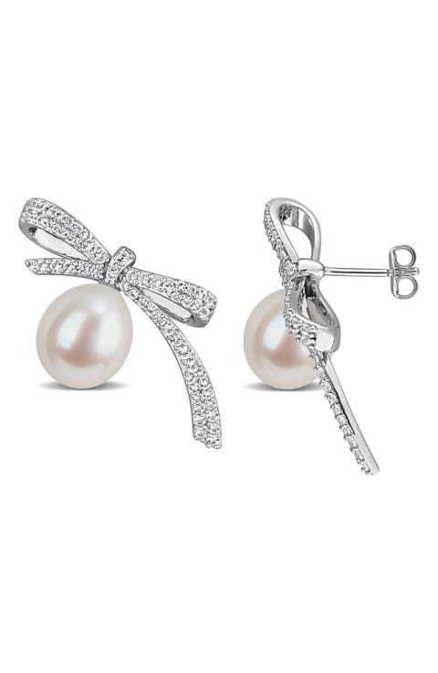 Lab Created White Sapphire & Cultured Freshwater Pearl Bow Earrings