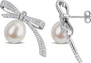DELMAR Lab Created White Sapphire & Cultured Freshwater Pearl Bow Earrings