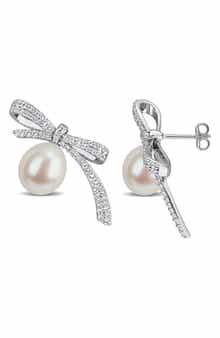 Lab Created White Sapphire & Cultured Freshwater Pearl Bow Earrings