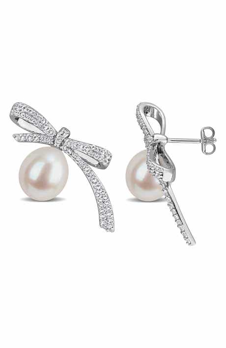 Lab Created White Sapphire & Cultured Freshwater Pearl Bow Earrings