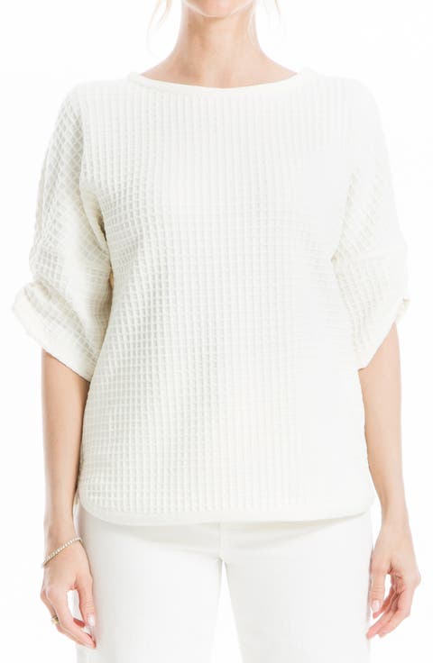 Ruched Elbow Sleeve Waffle Knit Top