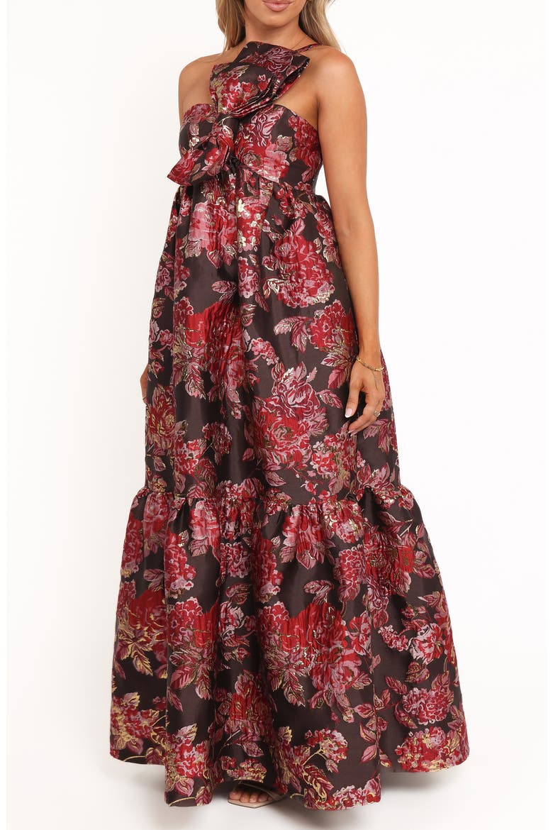 Betina Bow Front One-Shoulder Maxi Dress, Alternate, color, BROWN FLORAL