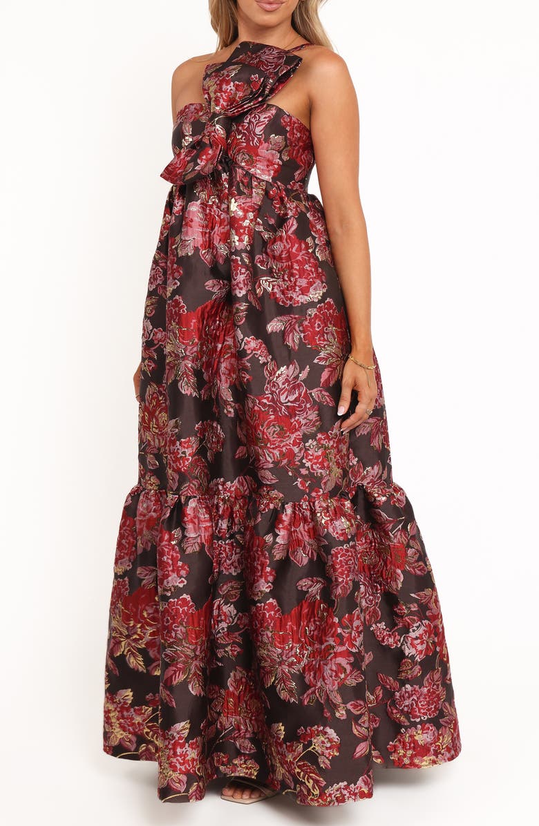 Petal & Pup Betina Bow Front One-Shoulder Maxi Dress, Alternate, color, Brown Floral