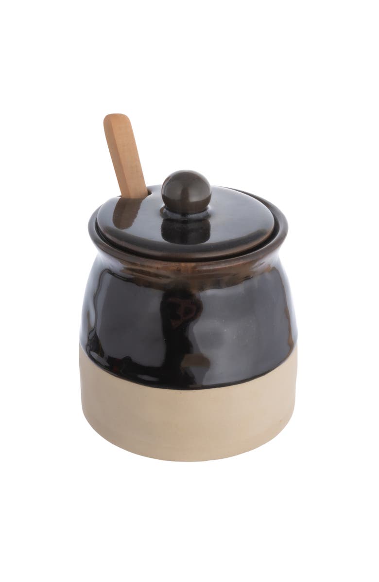Storied Home Stoneware Sugar Pot with Lid and Wood Spoon, Espresso Glaze, Main, color, Black