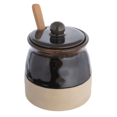 Stoneware Sugar Pot with Lid and Wood Spoon, Espresso Glaze