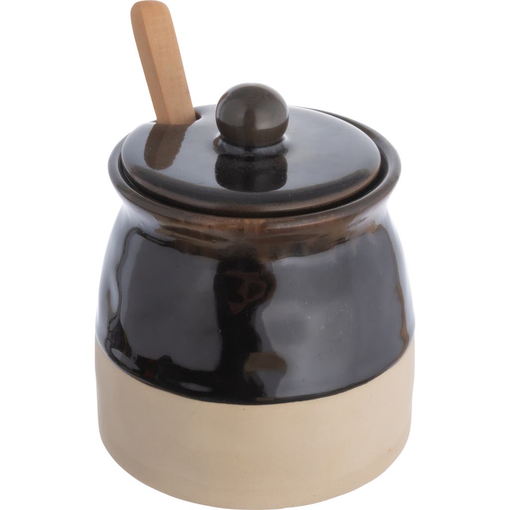 Storied Home Stoneware Sugar Pot With Lid And Wood Spoon, Espresso Glaze In Black