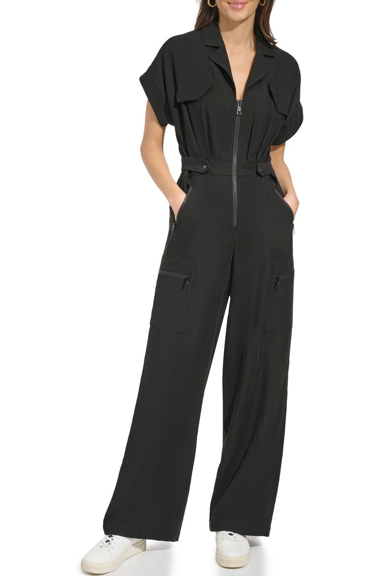 Front Zip Twill Jumpsuit, Main, color, BLACK