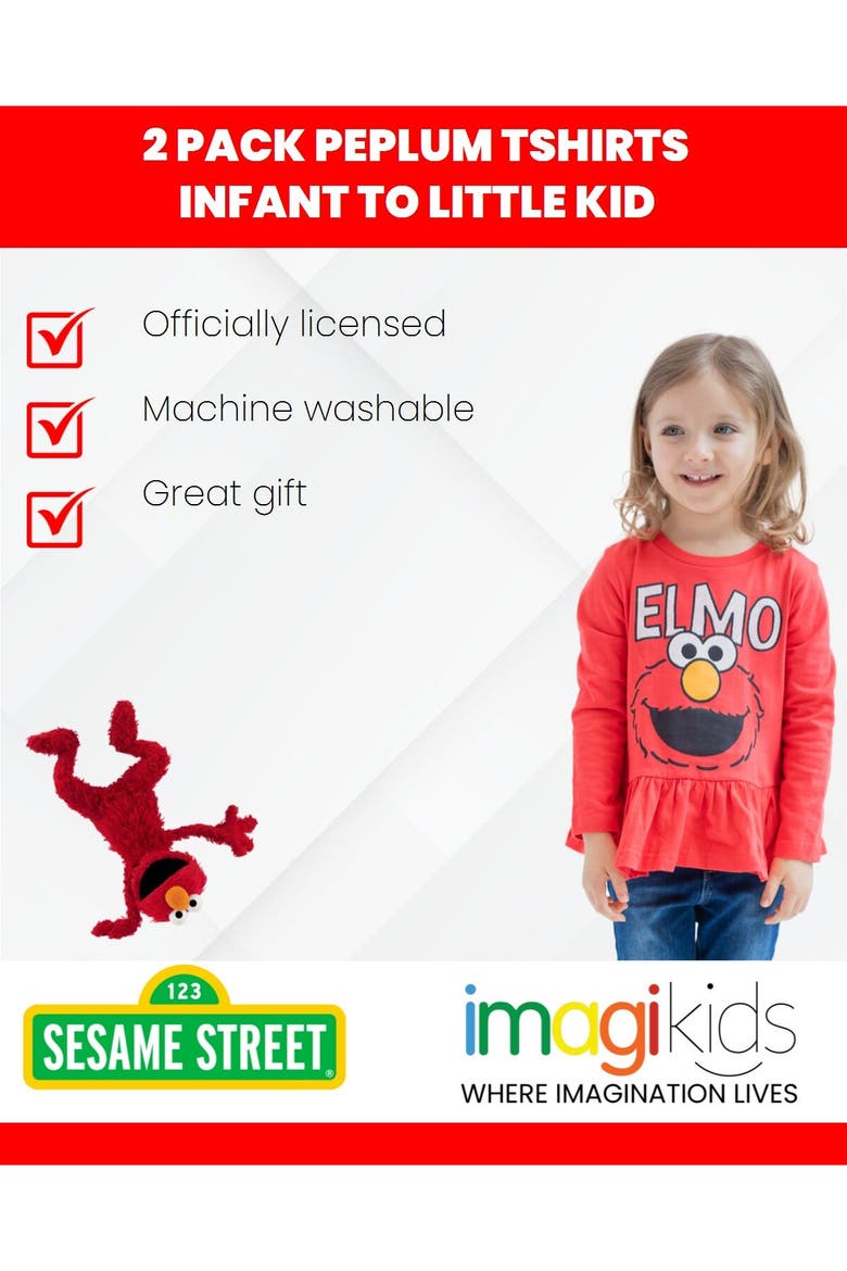 2-Pack Long Sleeve Ruffle T-Shirts, Alternate, color, Elmo Red Purple