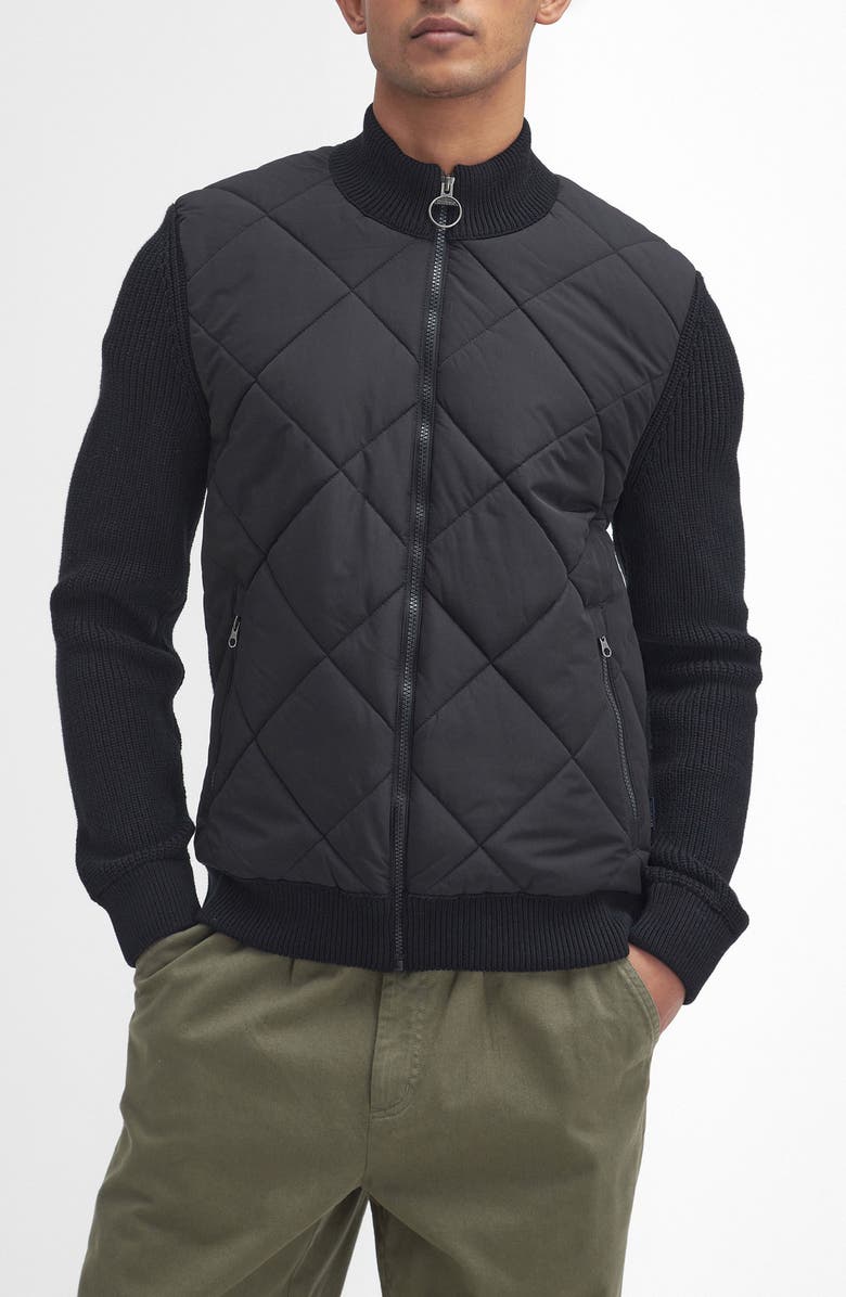 Barbour Newland Quilt Front Zip Cardigan, Main, color, Black