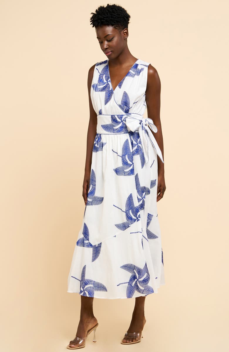 CIEBON Kaiden Embroidered Tie Belt Maxi Wrap Sundress, Alternate, color, Off White/ Blue