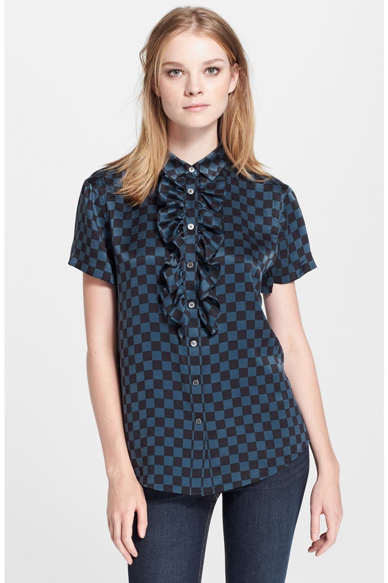 Ruffle Trim Silk Shirt, Main, color, BLACK MULTI