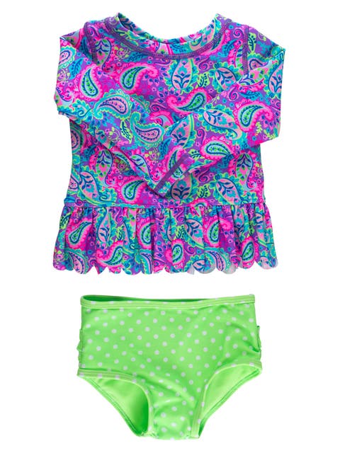 Girls UPF50+ Sun Protected Scallop Hem Long Sleeve Rash Guard Bikini
